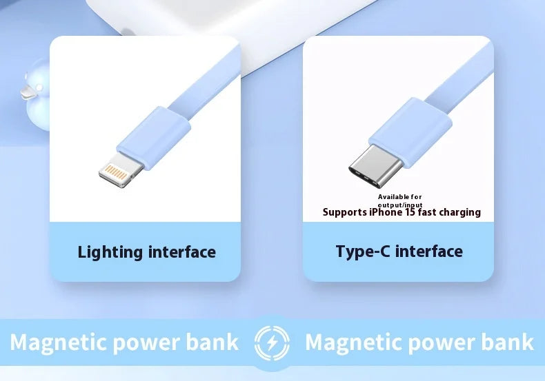 Carregador portátil de alta capacidade com absorção magnética e carregamento rápido sem fio três em um com linha de 20000 mAh