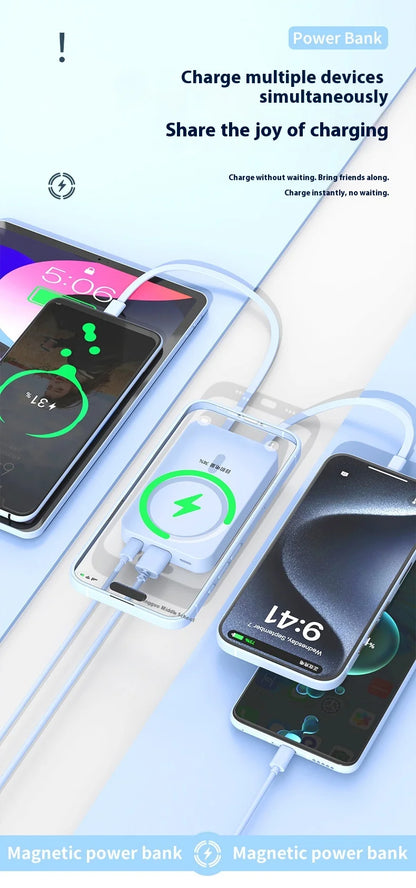 Carregador portátil de alta capacidade com absorção magnética e carregamento rápido sem fio três em um com linha de 20000 mAh