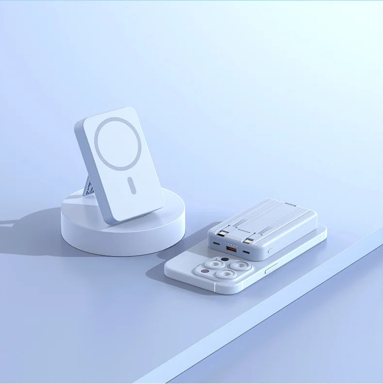 Carregador portátil de alta capacidade com absorção magnética e carregamento rápido sem fio três em um com linha de 20000 mAh