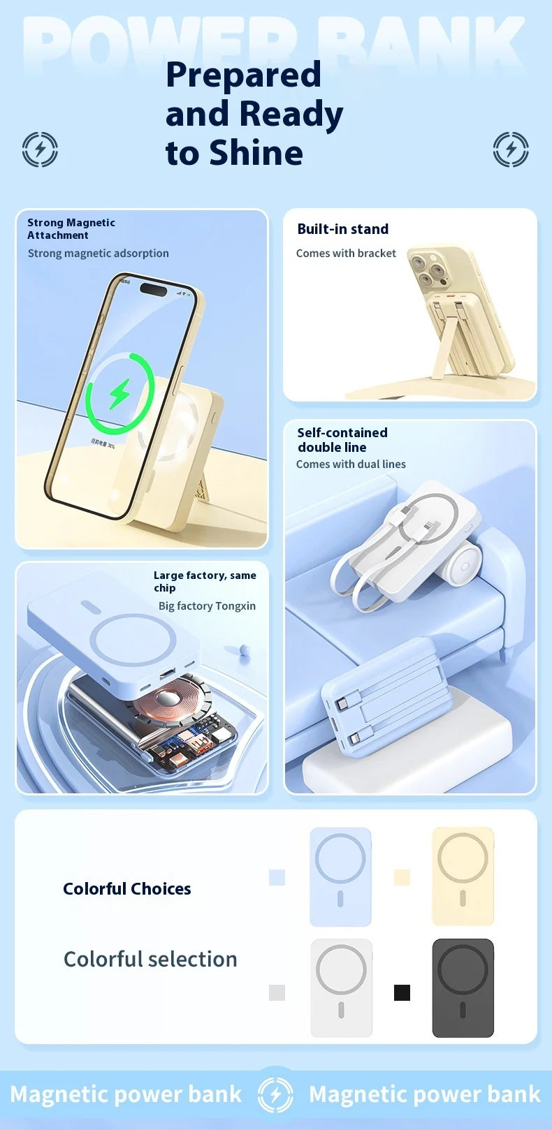Carregador portátil de alta capacidade com absorção magnética e carregamento rápido sem fio três em um com linha de 20000 mAh