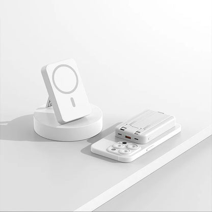 Carregador portátil de alta capacidade com absorção magnética e carregamento rápido sem fio três em um com linha de 20000 mAh