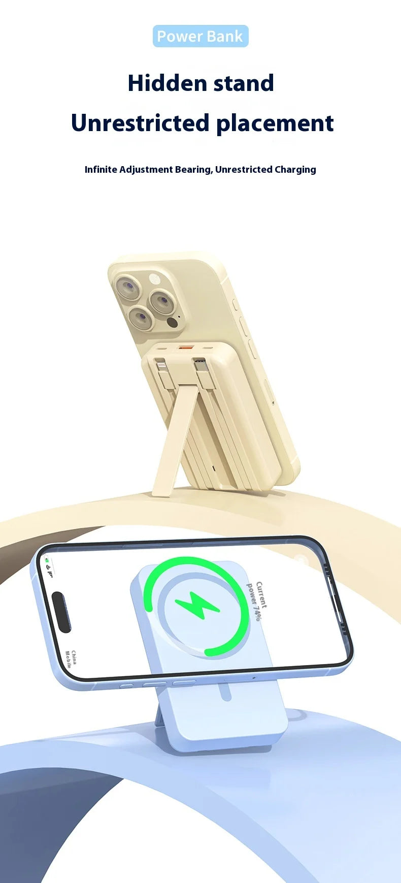 Carregador portátil de alta capacidade com absorção magnética e carregamento rápido sem fio três em um com linha de 20000 mAh