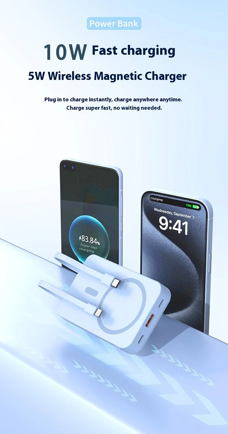 Carregador portátil de alta capacidade com absorção magnética e carregamento rápido sem fio três em um com linha de 20000 mAh