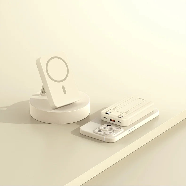 Carregador portátil de alta capacidade com absorção magnética e carregamento rápido sem fio três em um com linha de 20000 mAh