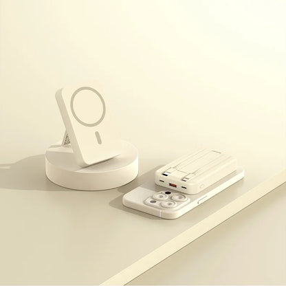 Carregador portátil de alta capacidade com absorção magnética e carregamento rápido sem fio três em um com linha de 20000 mAh