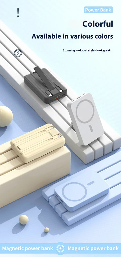 Carregador portátil de alta capacidade com absorção magnética e carregamento rápido sem fio três em um com linha de 20000 mAh