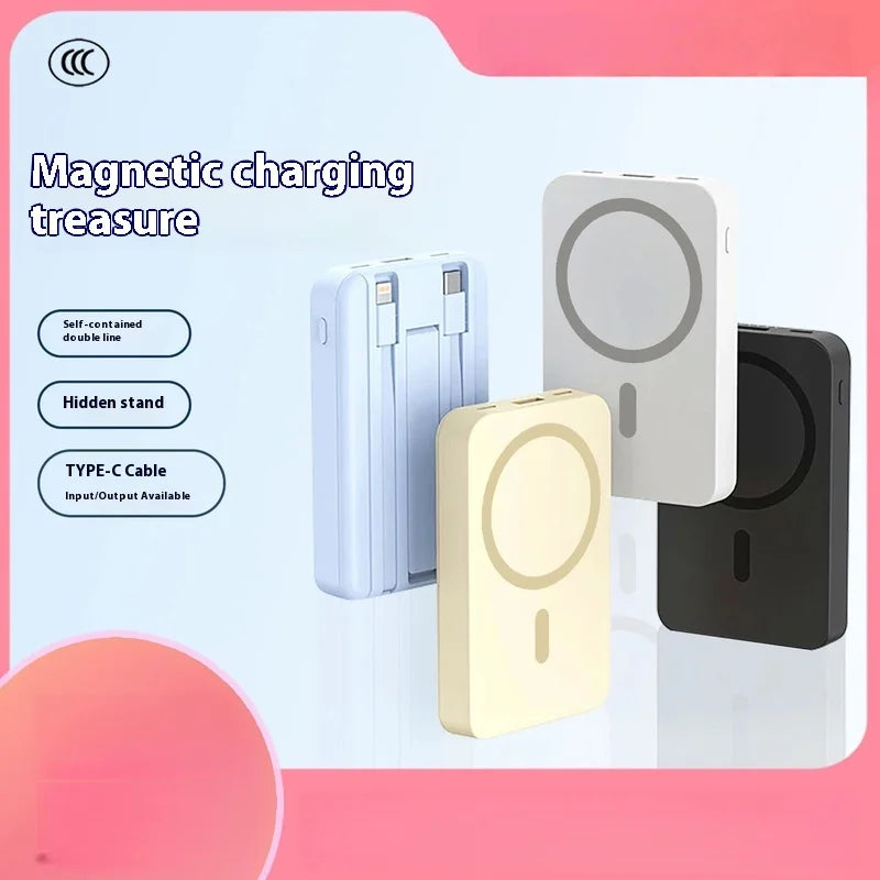 Carregador portátil de alta capacidade com absorção magnética e carregamento rápido sem fio três em um com linha de 20000 mAh