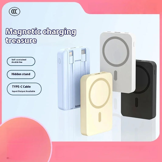 Carregador portátil de alta capacidade com absorção magnética e carregamento rápido sem fio três em um com linha de 20000 mAh