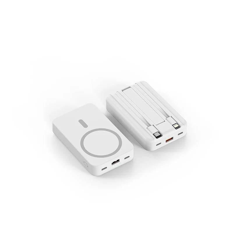 Carregador portátil de alta capacidade com absorção magnética e carregamento rápido sem fio três em um com linha de 20000 mAh